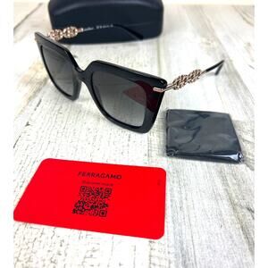 Ferragamo Gancini Women’s SF1041S Black Gold Chain Square Metal Sunglasses NWT